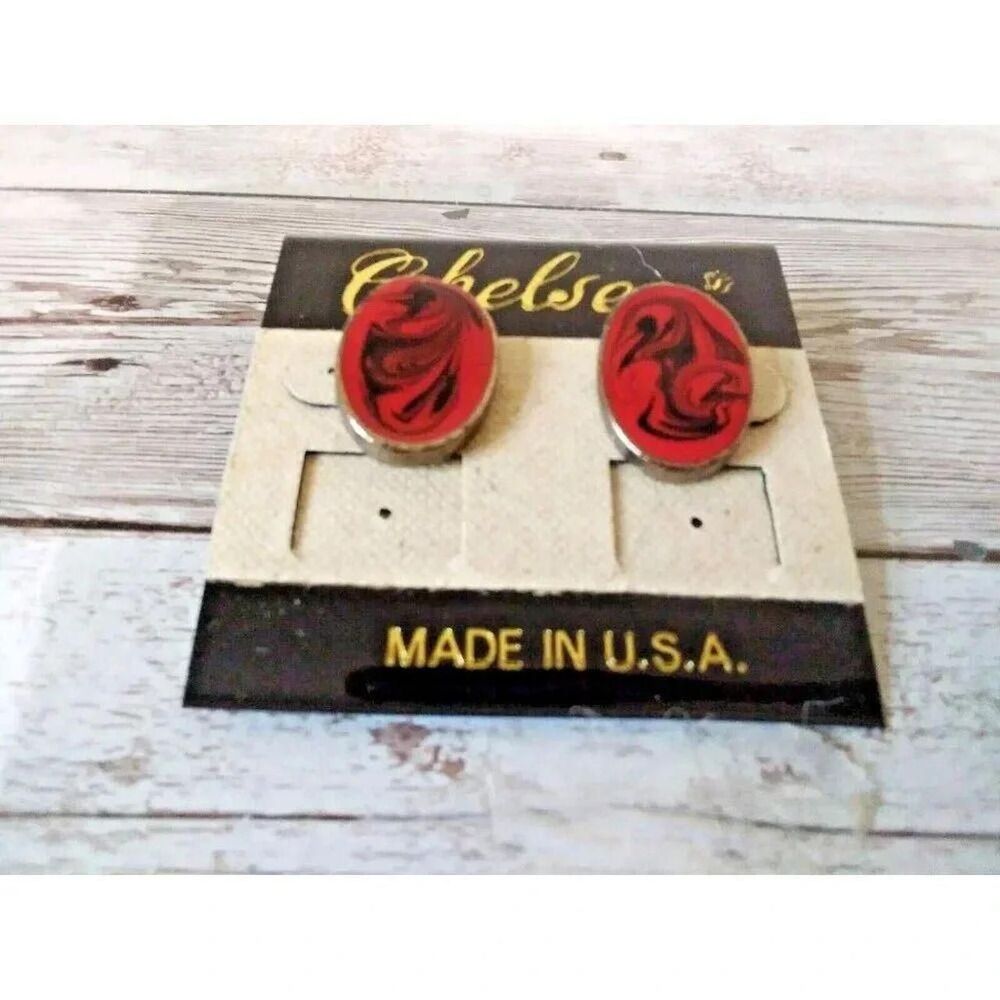Red and Black Enamel Swirl 1980s Earrings